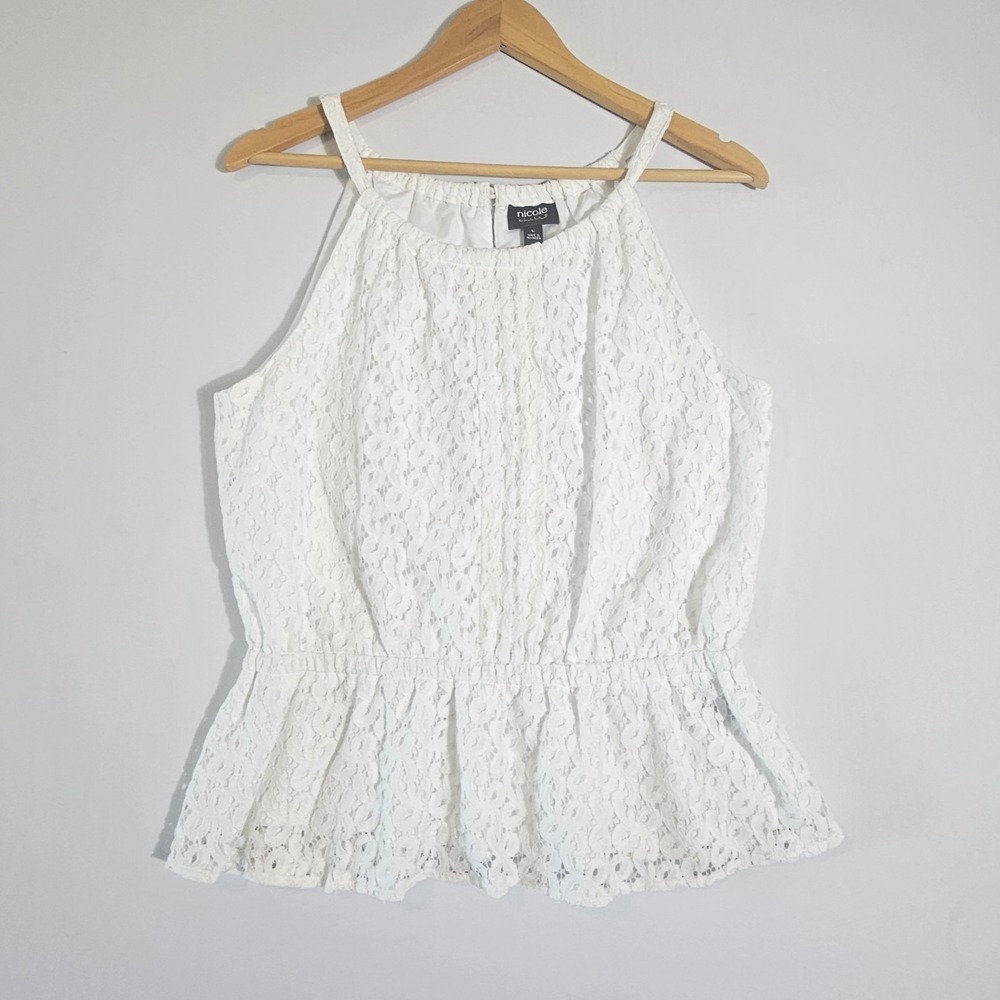 Nicole Miller Tank Top Women's L White Lace Peplum Halter Coquette Cottagecore
